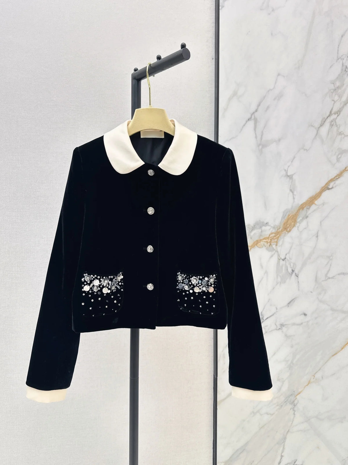 Women 2026 Fall Vintage Velvet Cropped Blazer White Contrast Doll Collar Rhinestone Pocket Long Sleeve Elegant Short Jacket