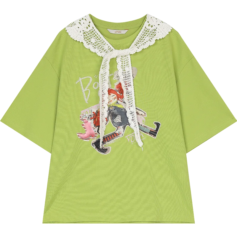 ELFSACK 2025 Spring New Arrivals Lace O-neck Printed Short Sleeve T-shirt Women Dopamine Spring Outfit
