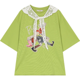 ELFSACK 2025 Spring New Arrivals Lace O-neck Printed Short Sleeve T-shirt Women Dopamine Spring Outfit