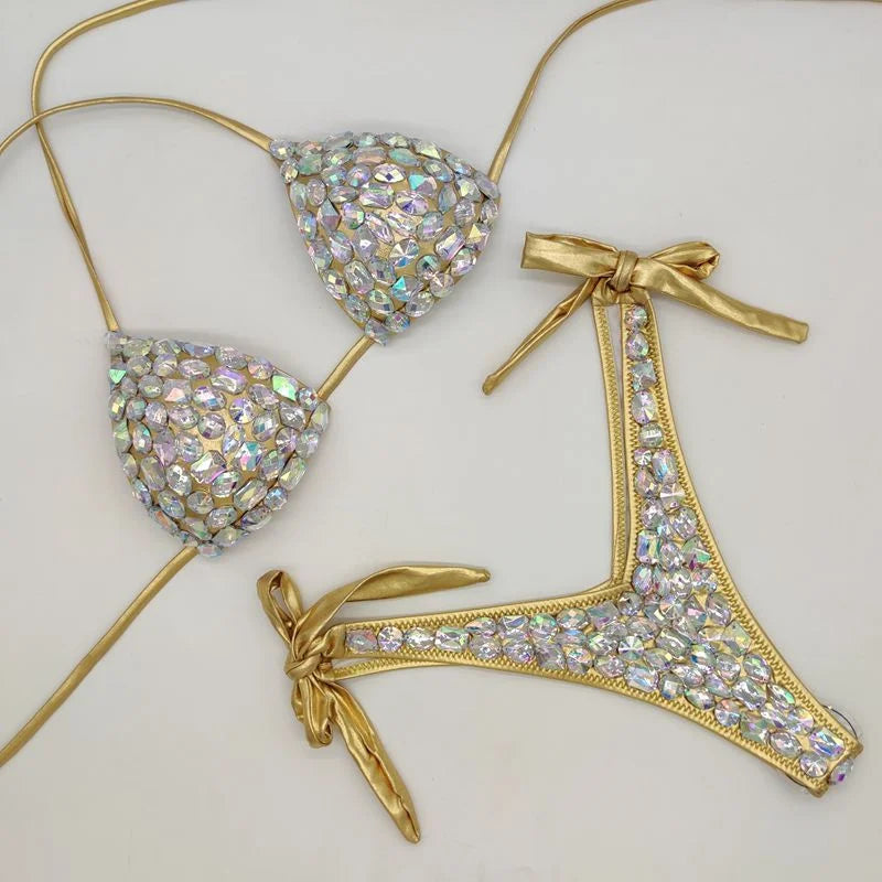2021 Venus Vacation latest design high quality sexy girl rhinestones pink bling bikini swimwear