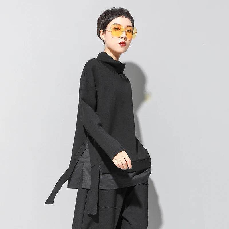 Patchwork Irregular T-Shirt Women High Collar Long Sleeve Split Loose Casual Tshirt Tops Fashion Clothes Spring Autumn 2025