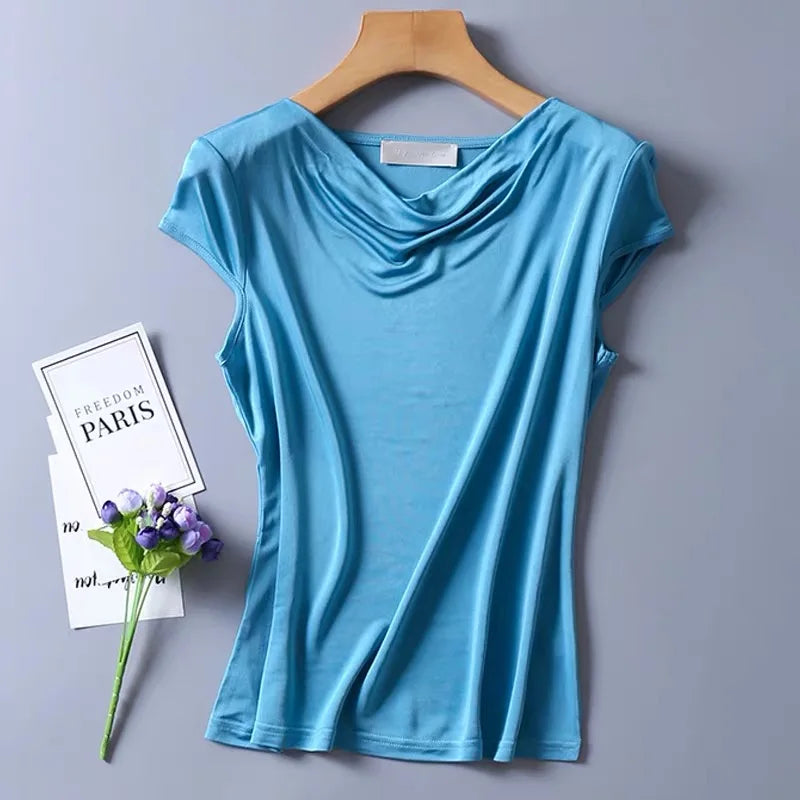 Women's 50% Silk 50% Viscose Knit Drape Neck T-Shirts top 8 colors M-2XL SJ305