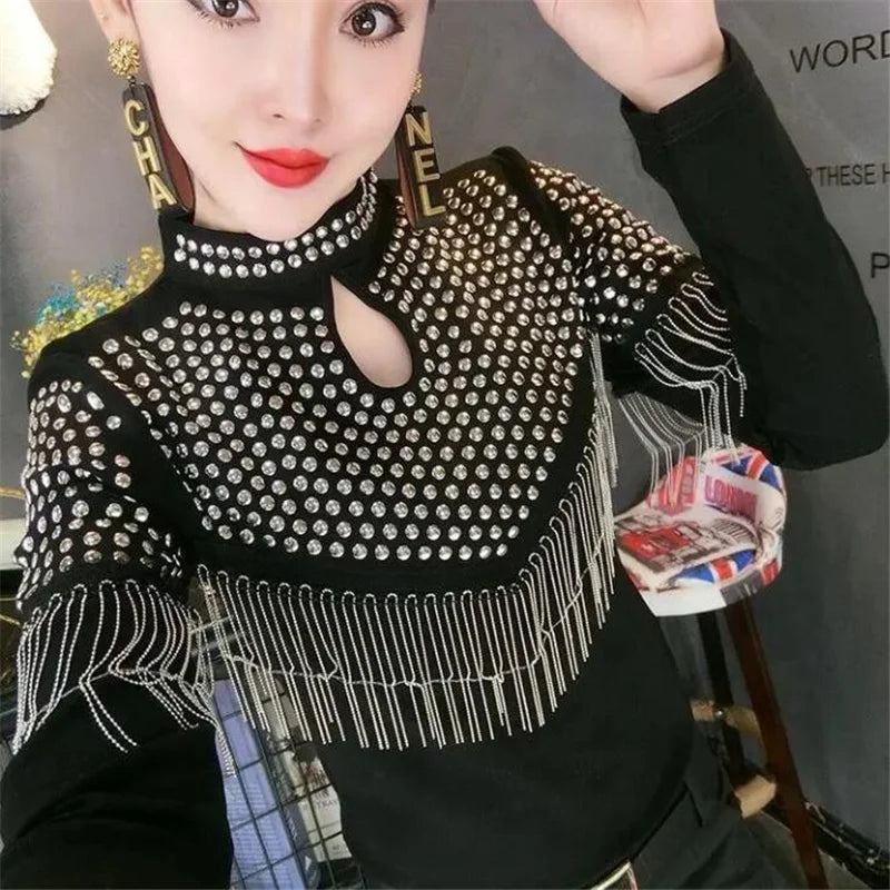 Tassel Hot Drill Tee Women T-shirt Spring Fall Hollow Out Pullover Stand-up Collar Long Sleeve Shiny Cotton Female T-Shirt