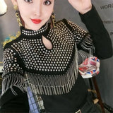 Tassel Hot Drill Tee Women T-shirt Spring Fall Hollow Out Pullover Stand-up Collar Long Sleeve Shiny Cotton Female T-Shirt