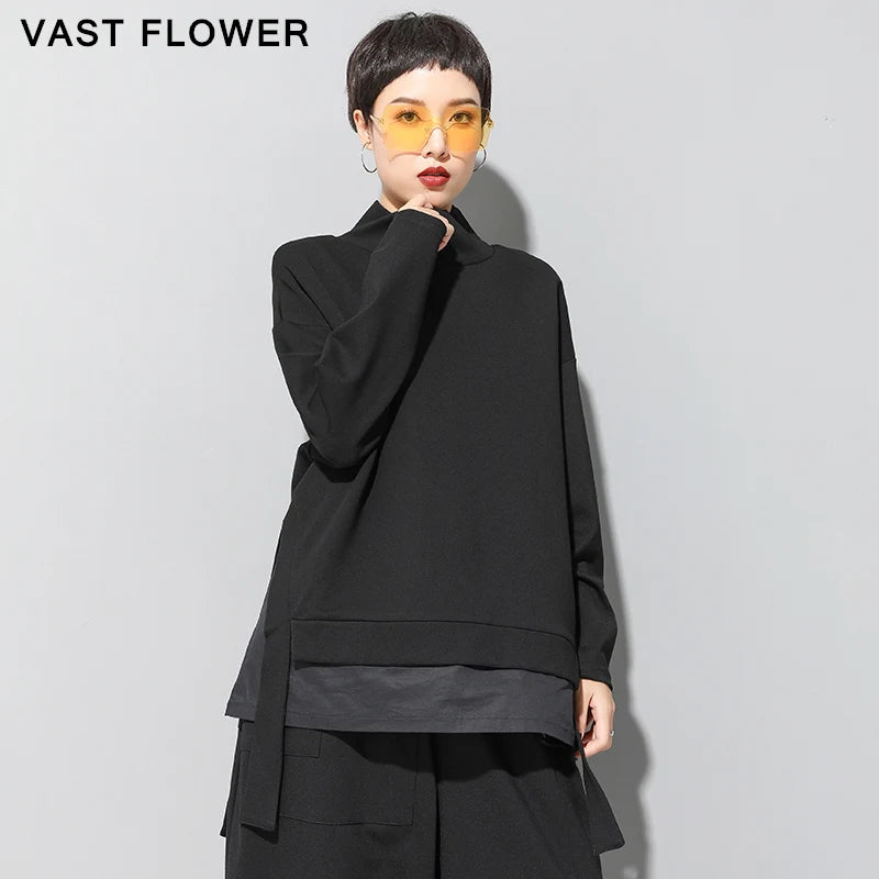 Patchwork Irregular T-Shirt Women High Collar Long Sleeve Split Loose Casual Tshirt Tops Fashion Clothes Spring Autumn 2025