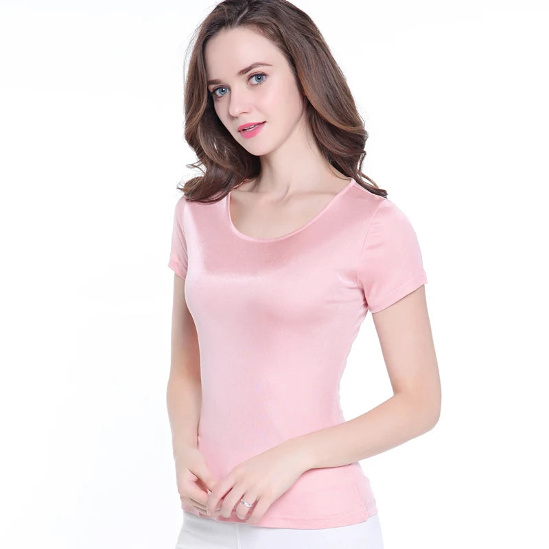 50% Natural Silk Women's T Shirts Short Sleeve Crewneck Tee Basic Casual Summer Tops