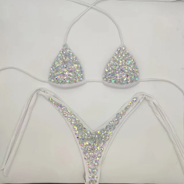 2021 Venus Vacation latest design high quality sexy girl rhinestones pink bling bikini swimwear