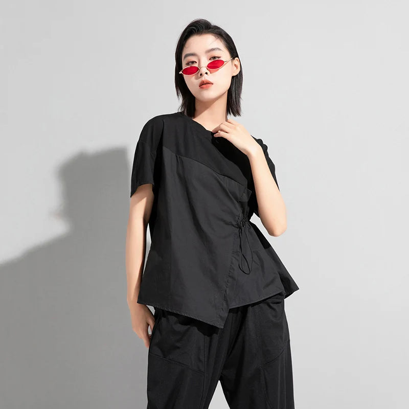Women Black Drawstring Patchwork Split T-Shirt 2026 Summer New O-Neck Short Sleeve Loose Casual Tee Tshirt Tops Fashion Clothes