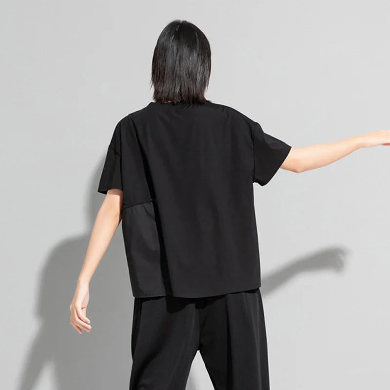 Women Black Drawstring Patchwork Split T-Shirt 2026 Summer New O-Neck Short Sleeve Loose Casual Tee Tshirt Tops Fashion Clothes