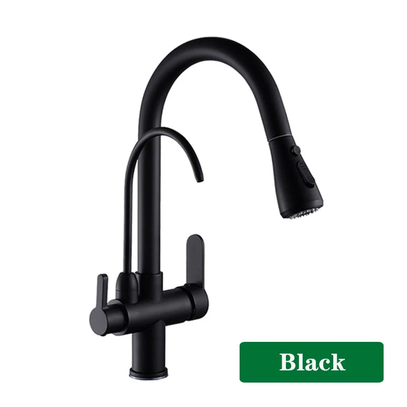 Brushed Nickel Filtered Crane For Kitchen Pull Out Spray 360 Rotation Water Filter Tap Three Ways Sink Mixer Kitchen Faucet