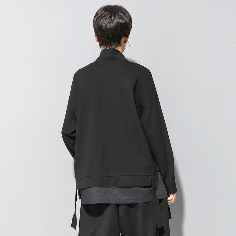 Patchwork Irregular T-Shirt Women High Collar Long Sleeve Split Loose Casual Tshirt Tops Fashion Clothes Spring Autumn 2025