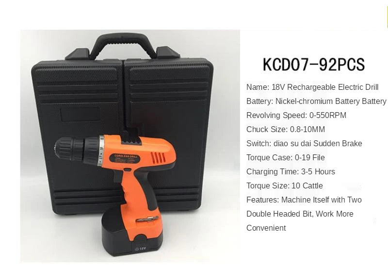 Electric hand drill 92 sets of 18V rechargeable electric screwdriver stepless speed control pistol type household bench drill
