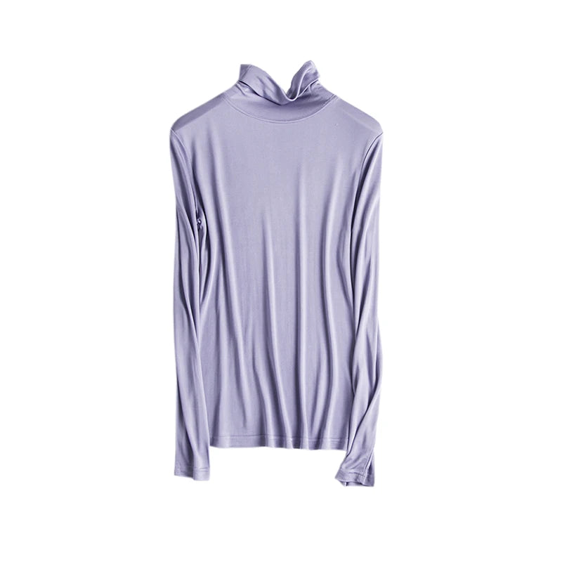 SuyaDream Women T Shirt Real Silk Basic Turtleneck Long Sleeve Solid Bottoming-Shirt FALL WINTER Green Plus Size Spandex Top