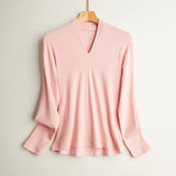 Silk Long Sleeve T-Shirt Elastic Slim Fit V-neck Pullover Thread Solid Color Mulberry Silk Brushed Women's Bottoming Shirt