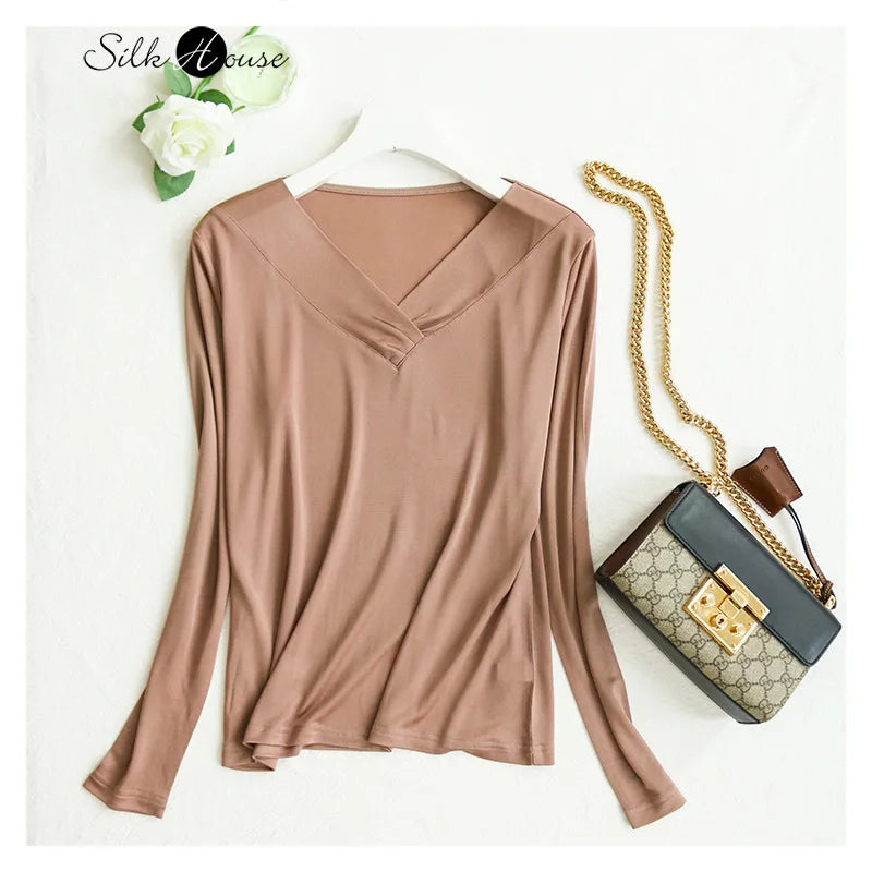 2025 Women's Fashion New Style Silk Long Sleeve V-neck Bottoming Shirt 23% Natural Mulberry Silk Warm Top