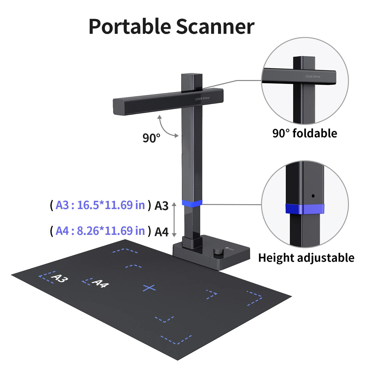 CZUR Shine Ultra Pro Book Scanner, 24MP Document Scanner, Portable USB Document Camera, Scan Max A3 Format w/ Adjustable Height