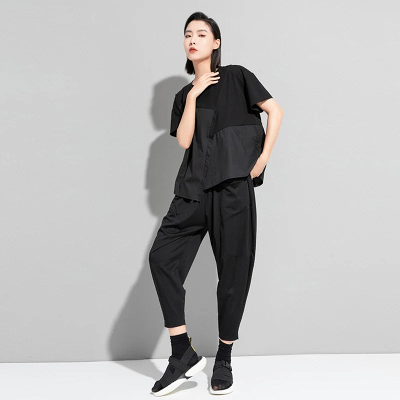Women Black Drawstring Patchwork Split T-Shirt 2026 Summer New O-Neck Short Sleeve Loose Casual Tee Tshirt Tops Fashion Clothes