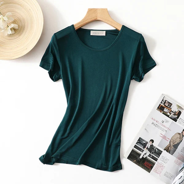 50% Natural Silk Women's T Shirts Short Sleeve Crewneck Tee Basic Casual Summer Tops