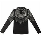 Tassel Hot Drill Tee Women T-shirt Spring Fall Hollow Out Pullover Stand-up Collar Long Sleeve Shiny Cotton Female T-Shirt