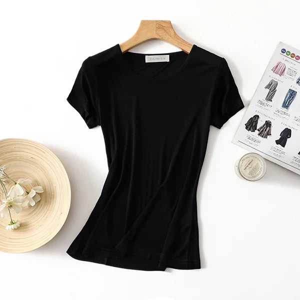 50% Natural Silk Women's T Shirts Short Sleeve Crewneck Tee Basic Casual Summer Tops
