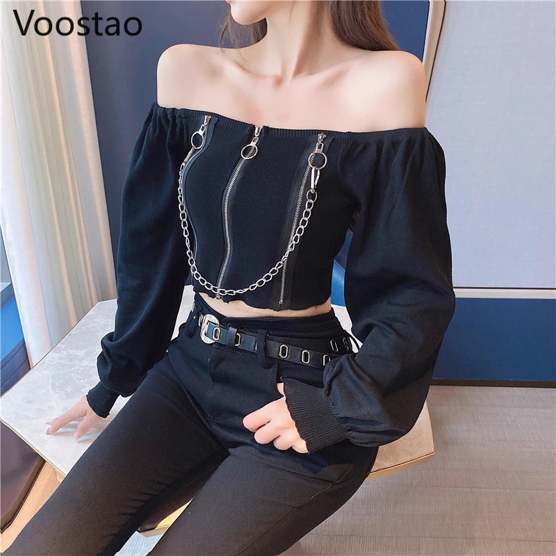 Spring Autumn Women Casual Off Shoulder Slash Neck Knitted Long Sleeve T-shirt Sexy Gothic Punk Metal Chain Crop Tops Slim Shirt
