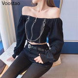 Spring Autumn Women Casual Off Shoulder Slash Neck Knitted Long Sleeve T-shirt Sexy Gothic Punk Metal Chain Crop Tops Slim Shirt