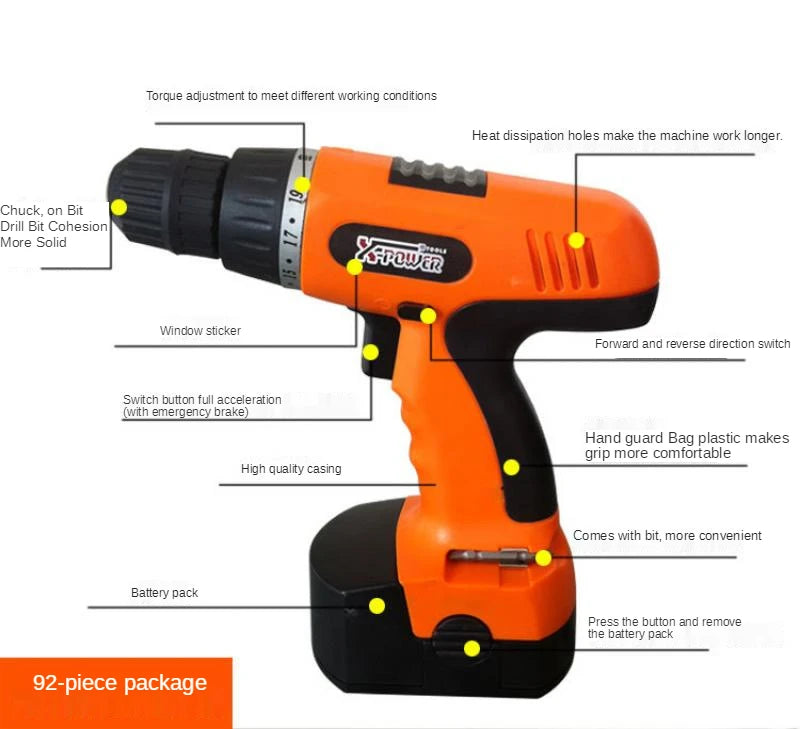 Electric hand drill 92 sets of 18V rechargeable electric screwdriver stepless speed control pistol type household bench drill