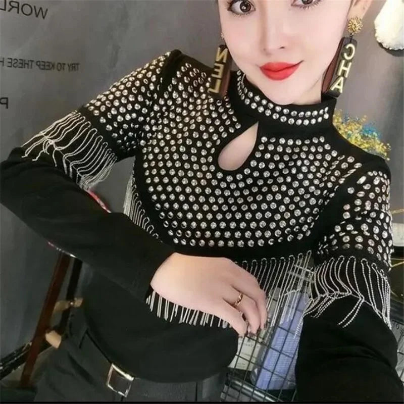 Tassel Hot Drill Tee Women T-shirt Spring Fall Hollow Out Pullover Stand-up Collar Long Sleeve Shiny Cotton Female T-Shirt