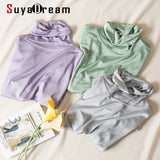 SuyaDream Women T Shirt Real Silk Basic Turtleneck Long Sleeve Solid Bottoming-Shirt FALL WINTER Green Plus Size Spandex Top