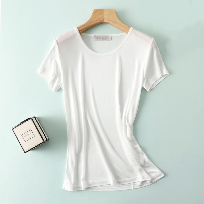 50% Natural Silk Women's T Shirts Short Sleeve Crewneck Tee Basic Casual Summer Tops