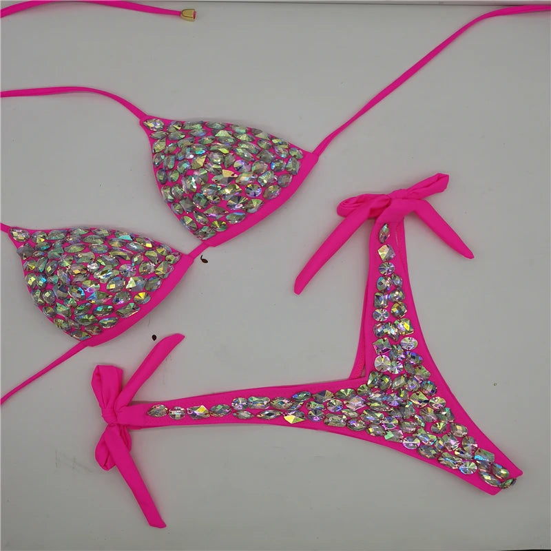 2021 Venus Vacation latest design high quality sexy girl rhinestones pink bling bikini swimwear