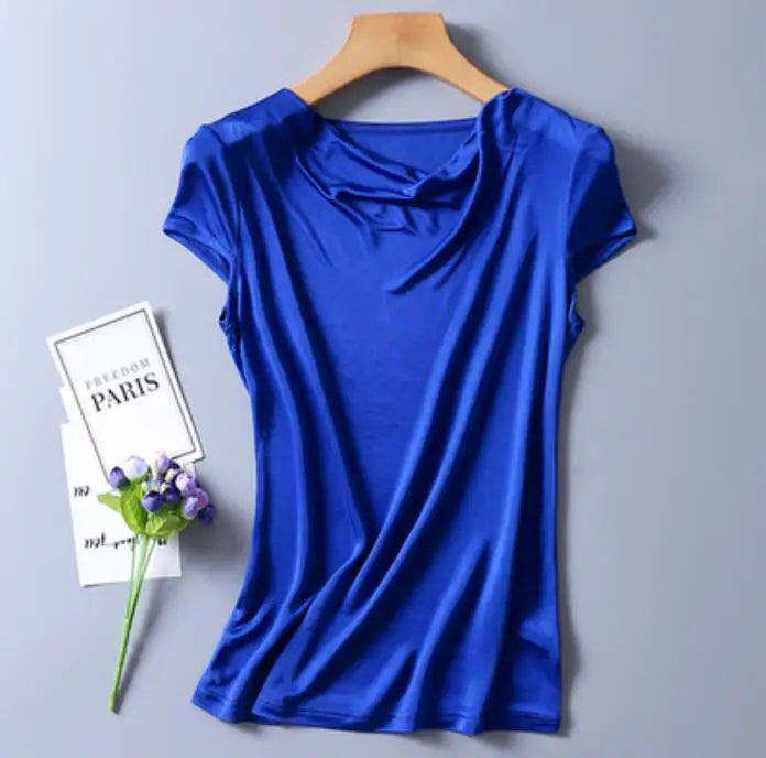 Women's 50% Silk 50% Viscose Knit Drape Neck T-Shirts top 8 colors M-2XL SJ305