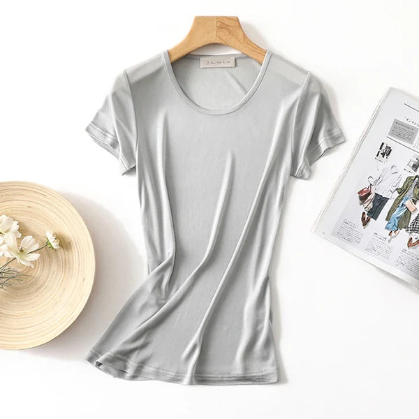 50% Natural Silk Women's T Shirts Short Sleeve Crewneck Tee Basic Casual Summer Tops
