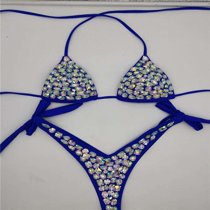 2021 Venus Vacation latest design high quality sexy girl rhinestones pink bling bikini swimwear