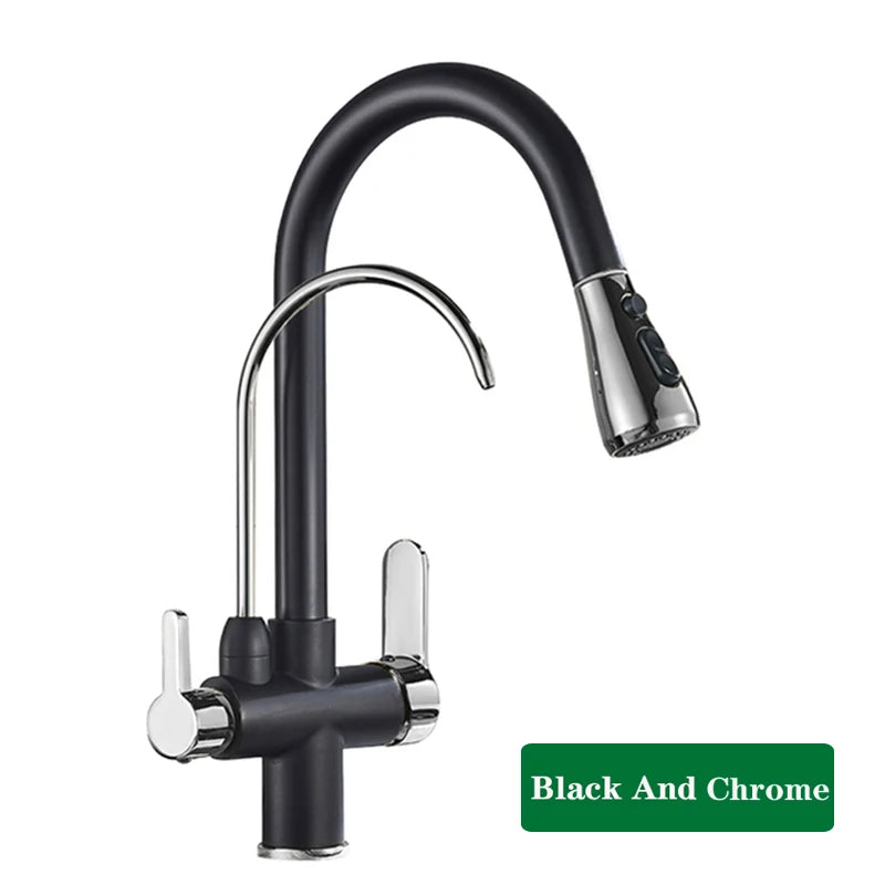 Brushed Nickel Filtered Crane For Kitchen Pull Out Spray 360 Rotation Water Filter Tap Three Ways Sink Mixer Kitchen Faucet