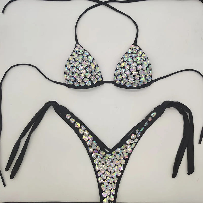 2021 Venus Vacation latest design high quality sexy girl rhinestones pink bling bikini swimwear