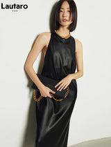 Lautaro Spring Black Extra Long Faux Leather Tank Dress Autumn Elegant Stylish Backless Maxi Dresses for Women Clothing 2021