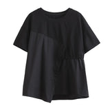 Women Black Drawstring Patchwork Split T-Shirt 2026 Summer New O-Neck Short Sleeve Loose Casual Tee Tshirt Tops Fashion Clothes