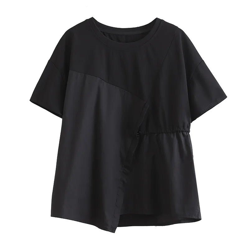Women Black Drawstring Patchwork Split T-Shirt 2026 Summer New O-Neck Short Sleeve Loose Casual Tee Tshirt Tops Fashion Clothes