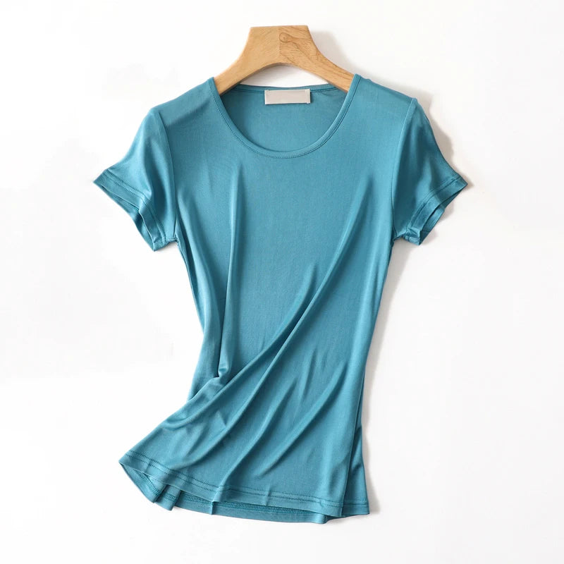 50% Natural Silk Women's T Shirts Short Sleeve Crewneck Tee Basic Casual Summer Tops