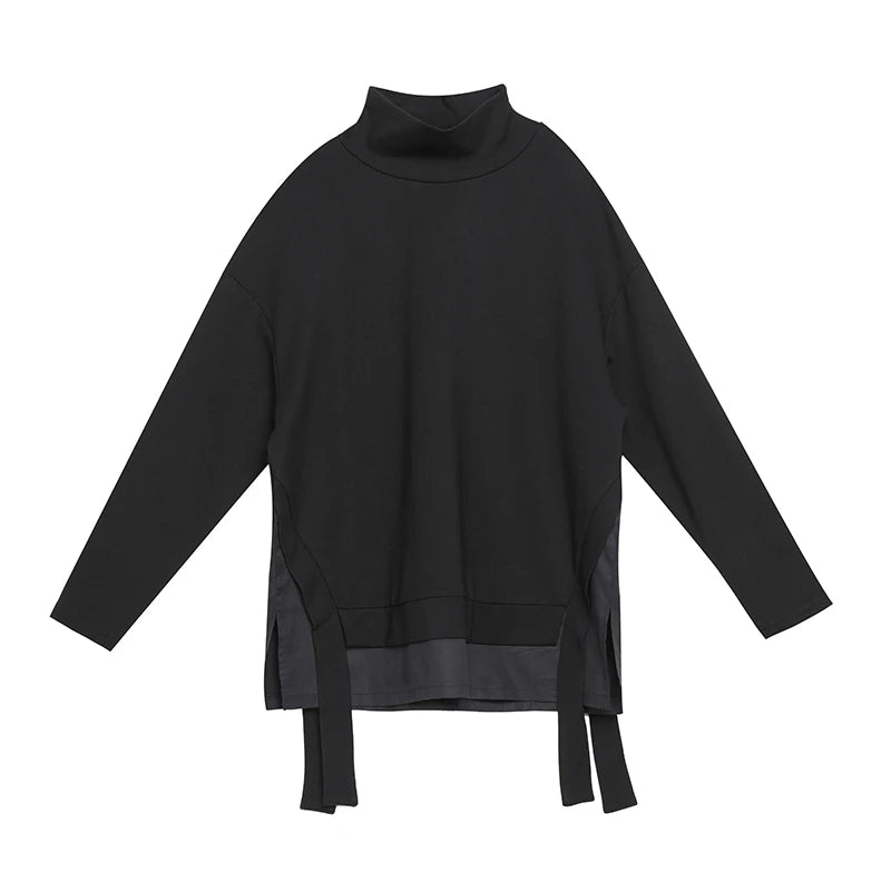 Patchwork Irregular T-Shirt Women High Collar Long Sleeve Split Loose Casual Tshirt Tops Fashion Clothes Spring Autumn 2025