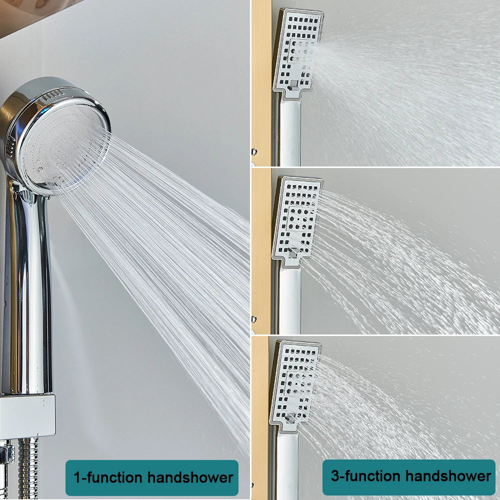 Golden Black Shower Panel Wall Rain Waterfall Shower Faucet Bathroom Shower Set APS Body Spray Jets Plastic Handshower Head
