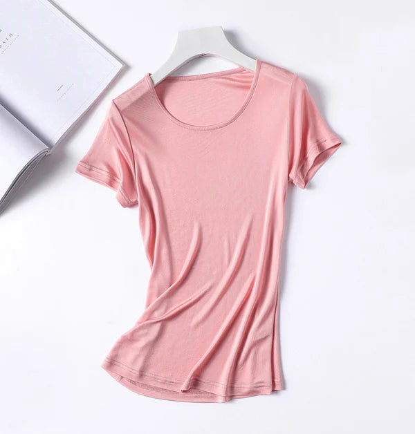 50% Natural Silk Women's T Shirts Short Sleeve Crewneck Tee Basic Casual Summer Tops