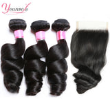 Younsolo Human Hair Loose Wave Bundles With Closure Brazilian Human Hair 3/4 Bundles With Lace Closure Loose wave Hair Extension