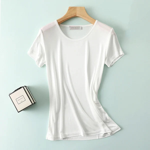 50% Natural Silk Women's T Shirts Short Sleeve Crewneck Tee Basic Casual Summer Tops