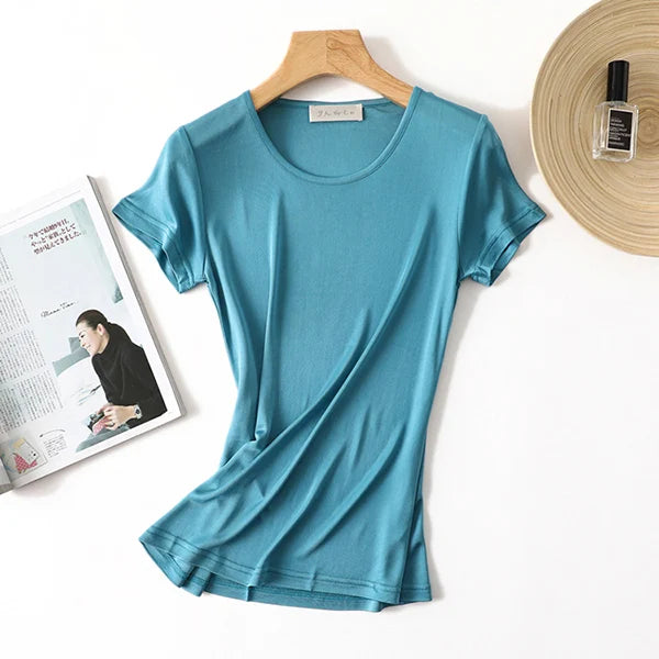 50% Natural Silk Women's T Shirts Short Sleeve Crewneck Tee Basic Casual Summer Tops