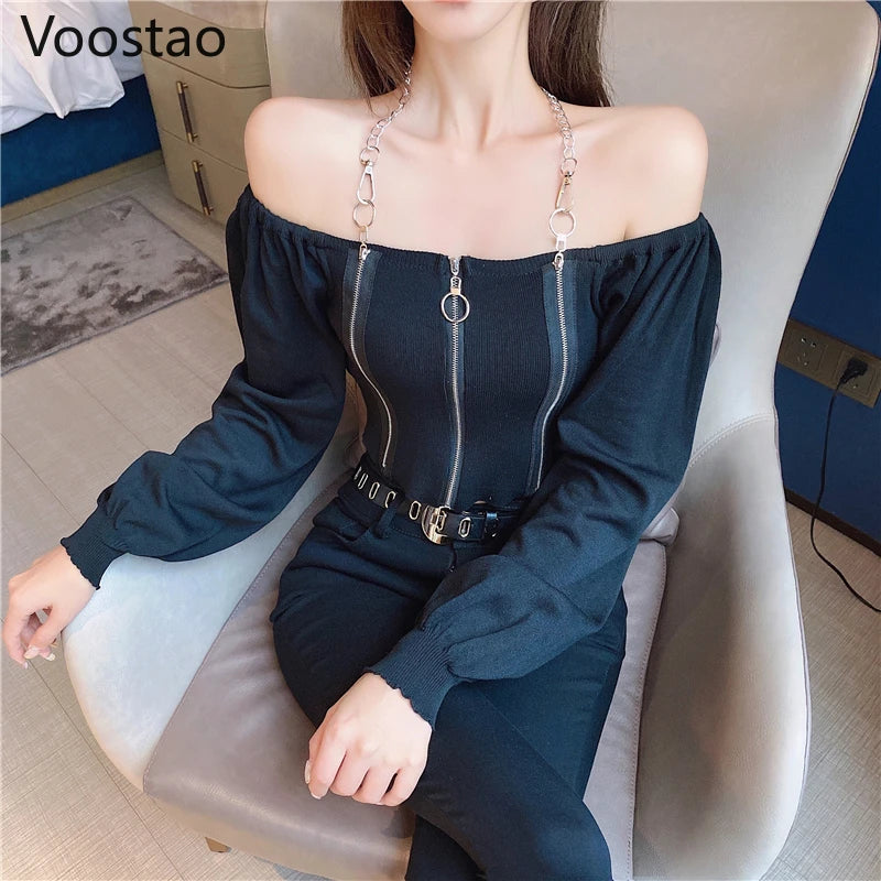 Spring Autumn Women Casual Off Shoulder Slash Neck Knitted Long Sleeve T-shirt Sexy Gothic Punk Metal Chain Crop Tops Slim Shirt