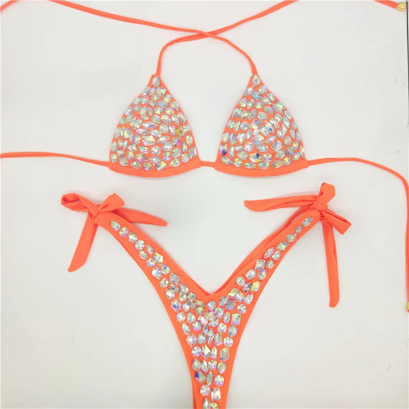 2021 Venus Vacation latest design high quality sexy girl rhinestones pink bling bikini swimwear