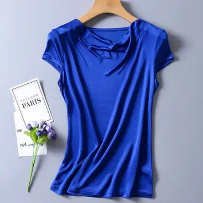 Women's Spring Summer Thin 100% Natural Silk T-Shirt Female Elastic Casual Breathable Summer Plus Size Silk Shirt Tops TB1168