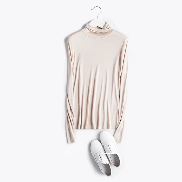 SuyaDream Women T Shirt Real Silk Basic Turtleneck Long Sleeve Solid Bottoming-Shirt FALL WINTER Green Plus Size Spandex Top